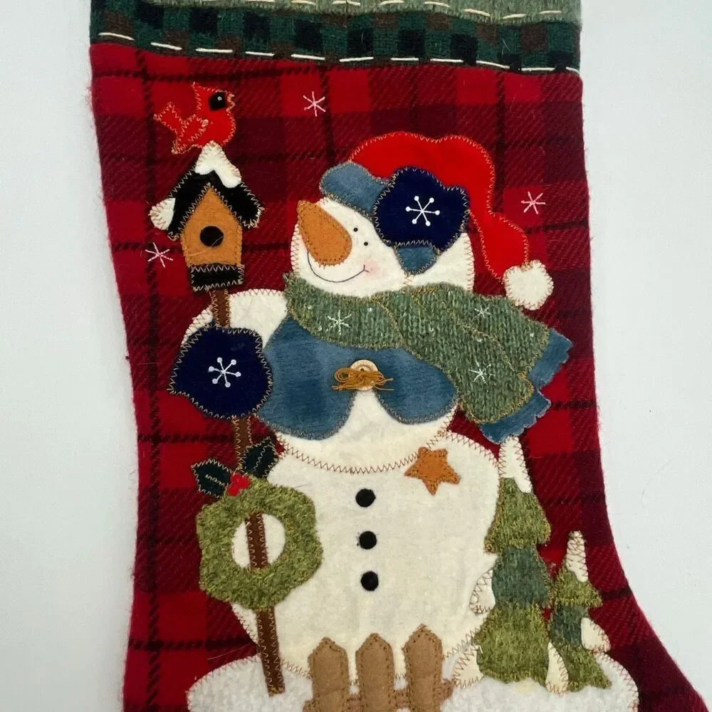 DAN DEE Collectors Choice Christmas Stocking Red Green 3D Snowman Applique Plaid